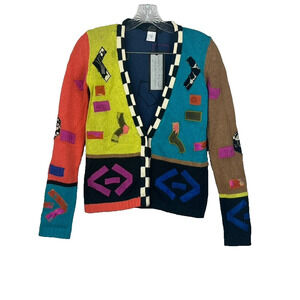 Krizia Maglia Cardigan Sweater Women's 40 M Handknit Silk Colorblock Patcheswork